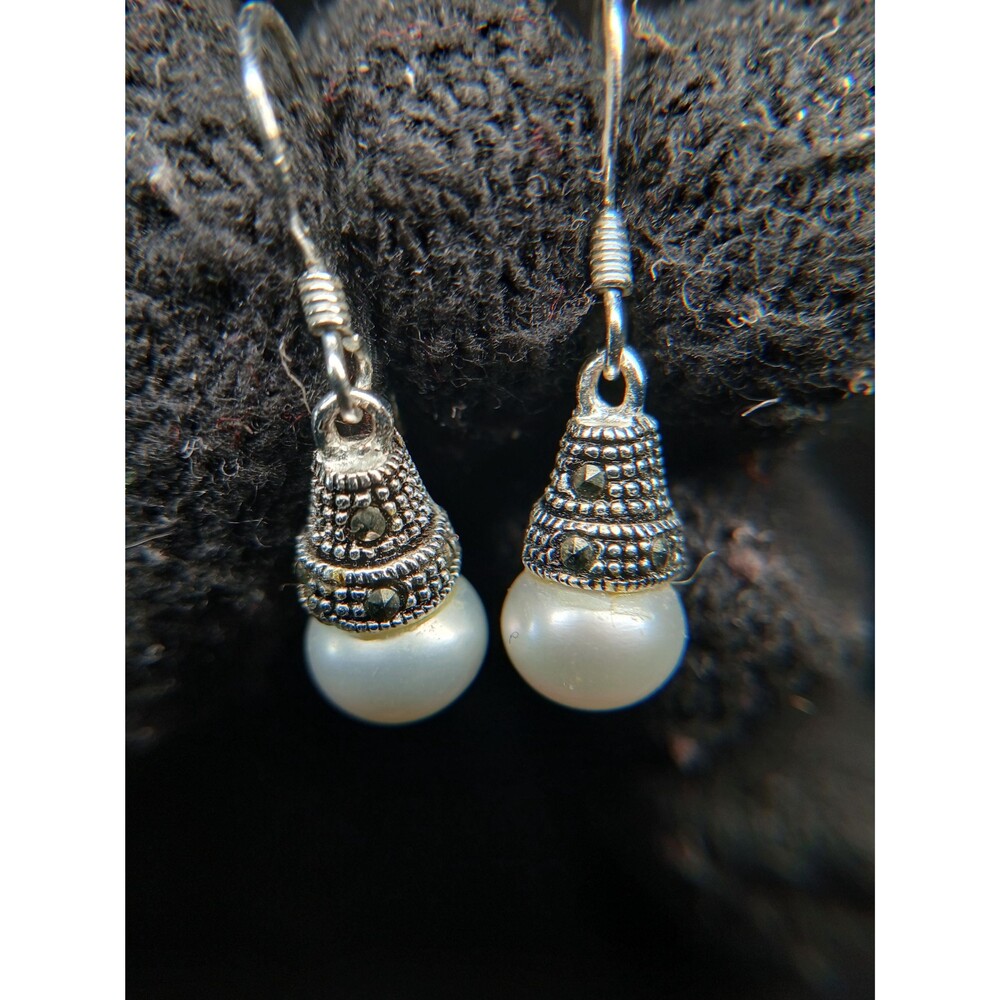 Sterling Silver 925 Art Deco Marcasite Faux Pearl Drop Earrings MC Thailand 1.1"